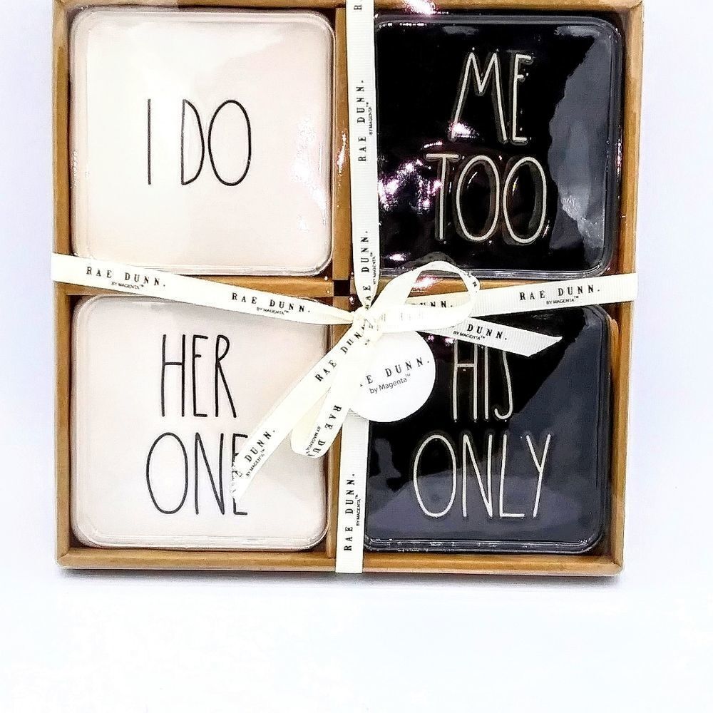 NIB Rae Dunn Wedding "I DO, ME TOO, HER ONE, HIS ONLY" Ceramic Drink Coasters